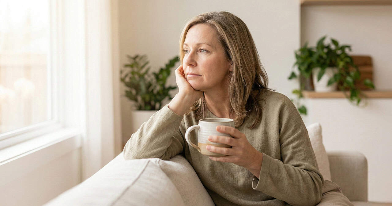 A woman looking thoughtfully out the window while holding a mug, depicting midlife fatigue.