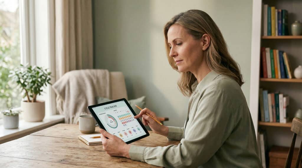 A woman in her 40s sitting at a wooden table in a calming room, using a tablet to proactively track her menstrual cycle and health symptoms.