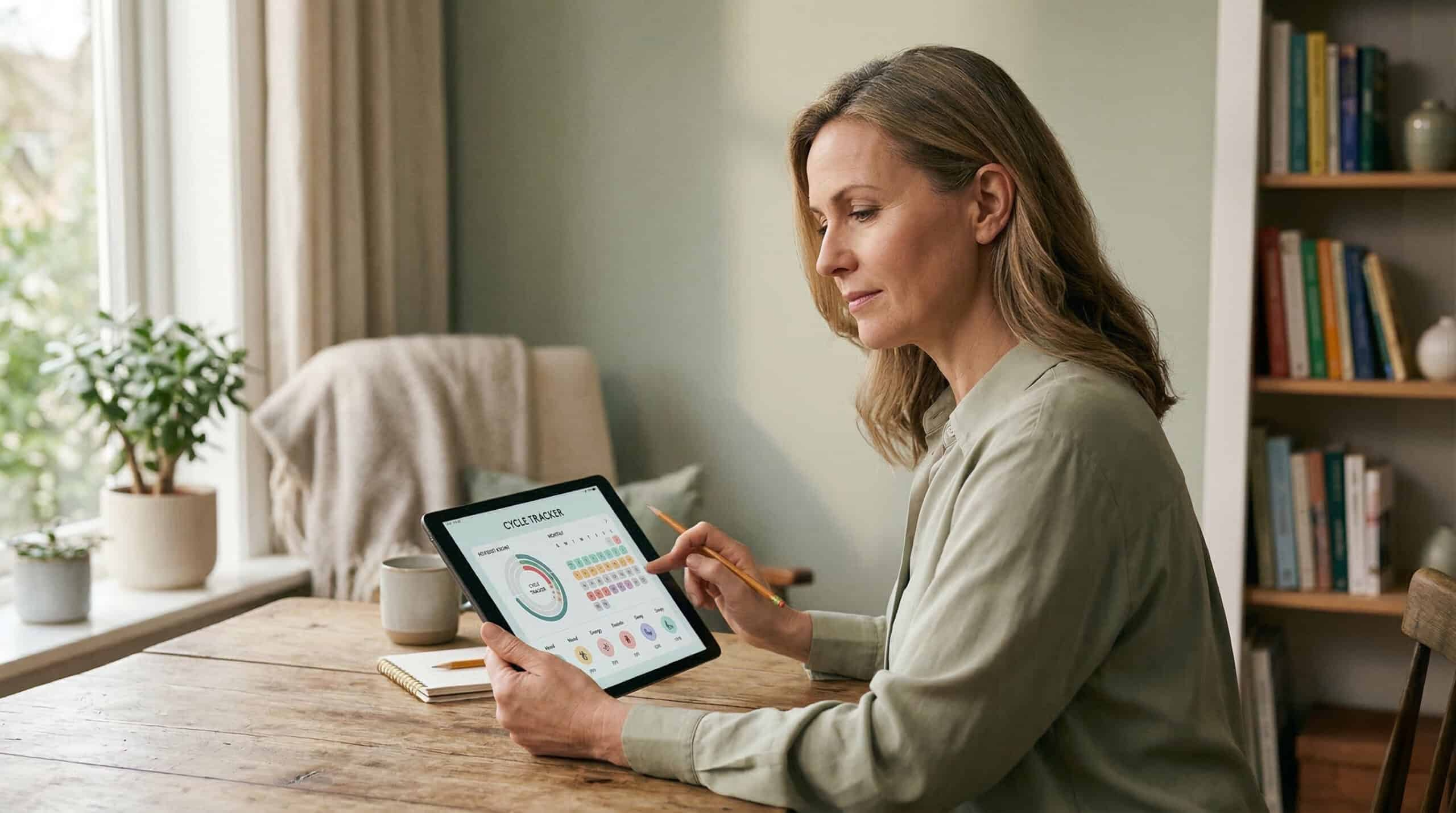 A woman in her 40s sitting at a wooden table in a calming room, using a tablet to proactively track her menstrual cycle and health symptoms.