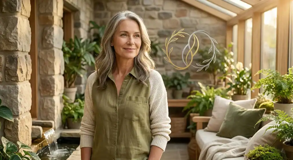 A serene mature woman with silver-streaked hair smiling peacefully in a warm, sunlit indoor garden room. To her right, a subtle and elegant graphic of intertwining botanical rings represents holistic women's health and wellness.