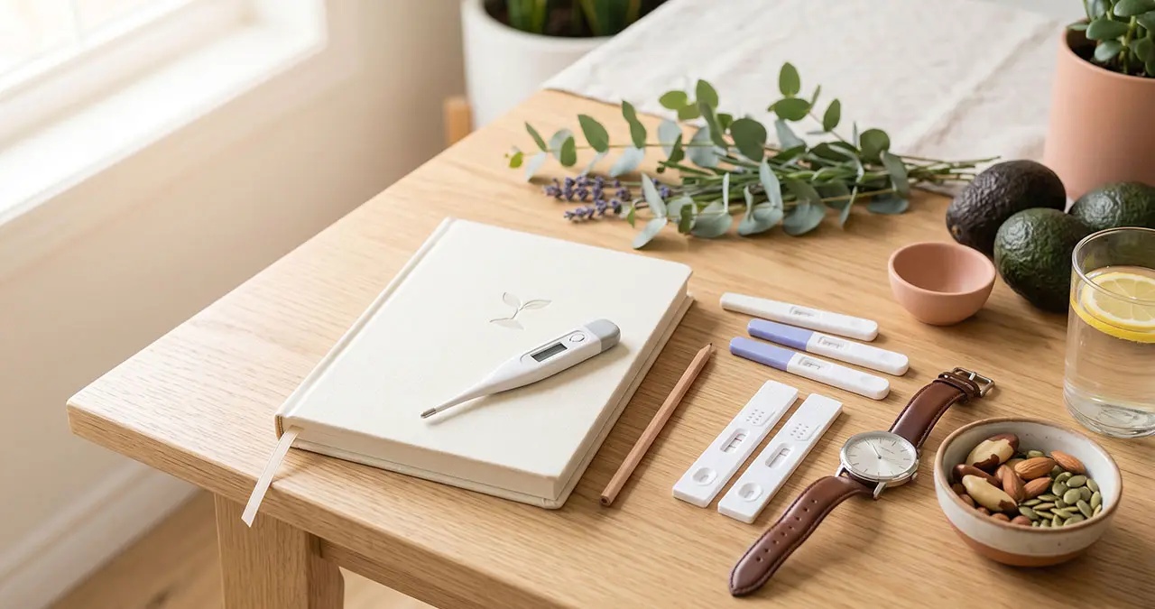 A beautifully organized wooden table featuring natural fertility tracking tools, including a digital basal thermometer on a cycle journal, ovulation strips, nutrient-dense foods, and fresh eucalyptus, representing a holistic approach to reproductive health.