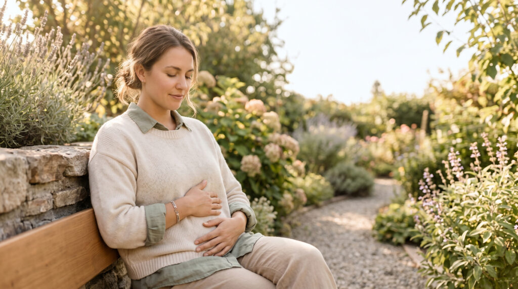 A serene woman sitting outdoors in a sunlit garden, gently resting her hands on her lower abdomen, symbolizing women's reproductive health, hormonal balance, and holistic PCOS support.