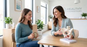 A smiling naturopathic practitioner and a female patient discussing a pelvic anatomy model across a wooden table in the bright, modern Healthy Foundations clinic.