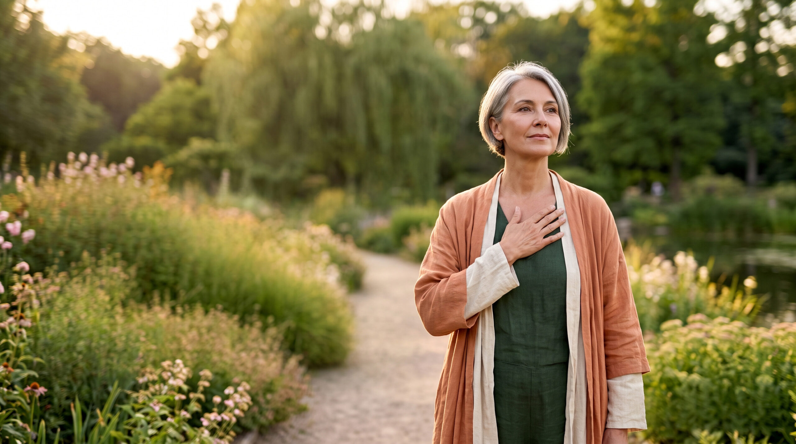 A mature woman standing peacefully in a garden with her hand over her heart. A glowing, connecting graphical overlay shows a heart icon, a circular menopause timeline highlighting early intervention windows, and a transdermal hormone patch.