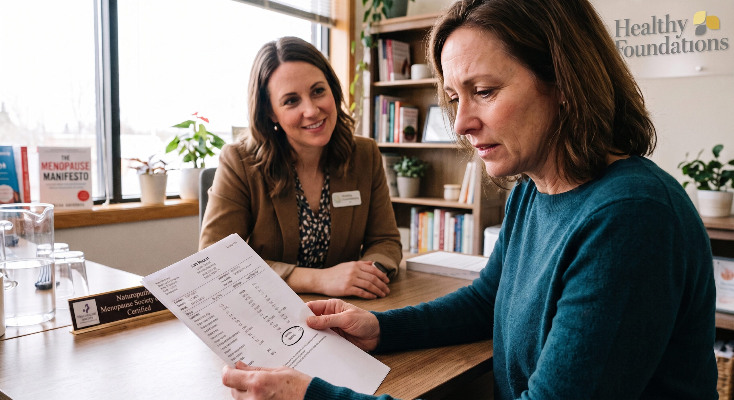 A concerned woman reviews a printed lab report during a consultation with a supportive naturopathic doctor at Healthy Foundations, sitting across from a desk plaque that reads "Naturopathic Menopause Society Certified.